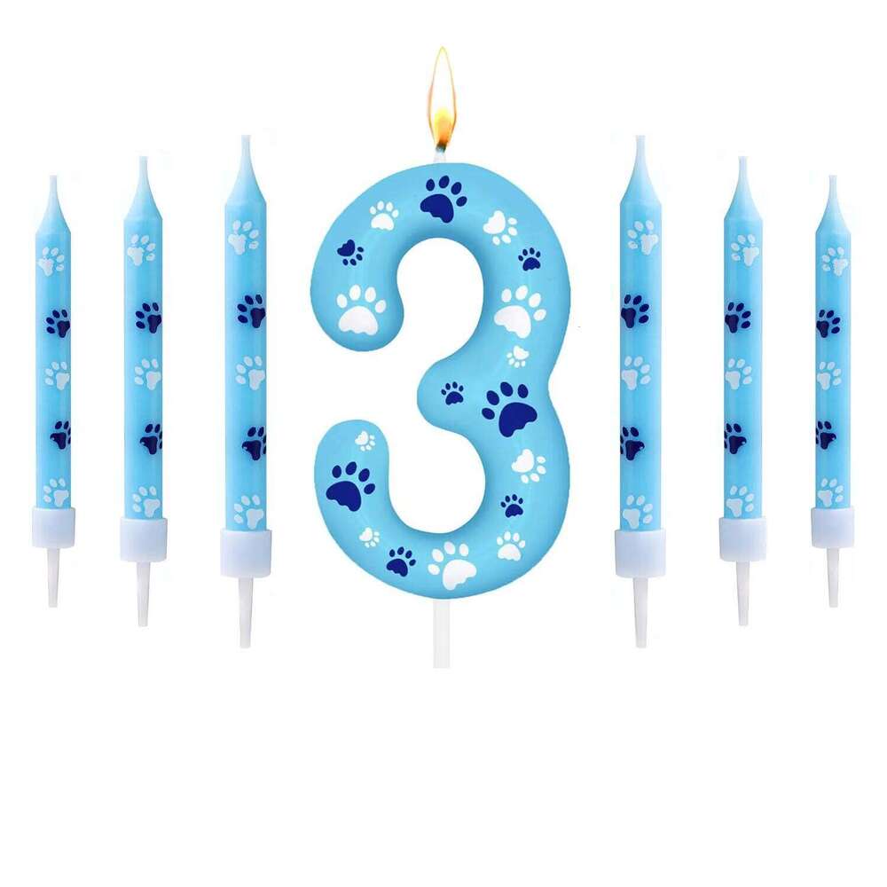 0-9 Blue White Candle Cake Top Digital Birthday Candle, Used for Boy and Girl Dog Claw Decoration Candles S260204