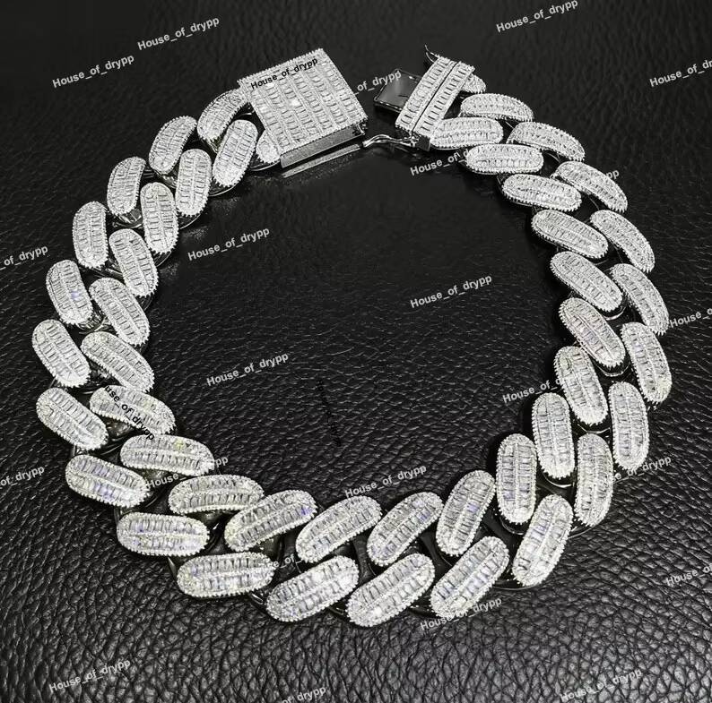 Luxury Iced Out Cuban Link Necklace VVS Moissanite Diamond 925 Silver Hip Hop Statement Chain