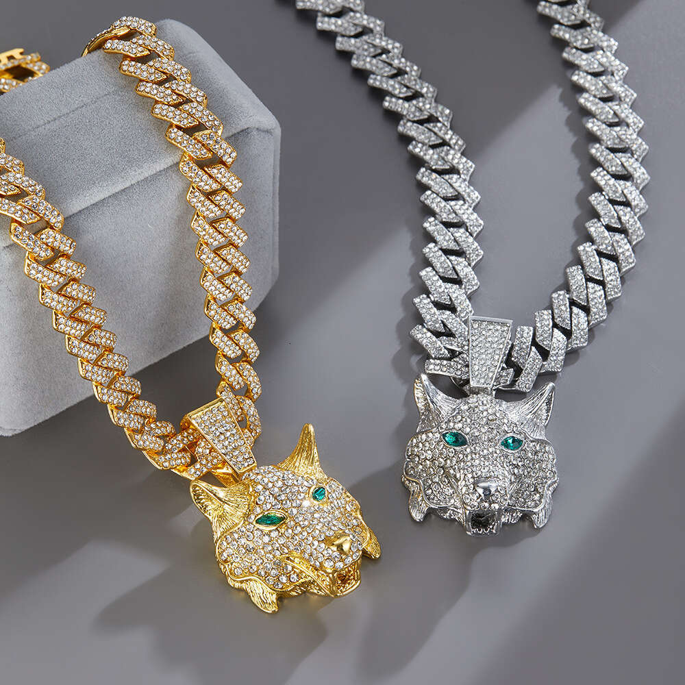 European and American 3D Animal Cat Pendant Zinc Alloy Full Diamond Oil Drop Hip-Hop Expert Cuban Chain Necklace