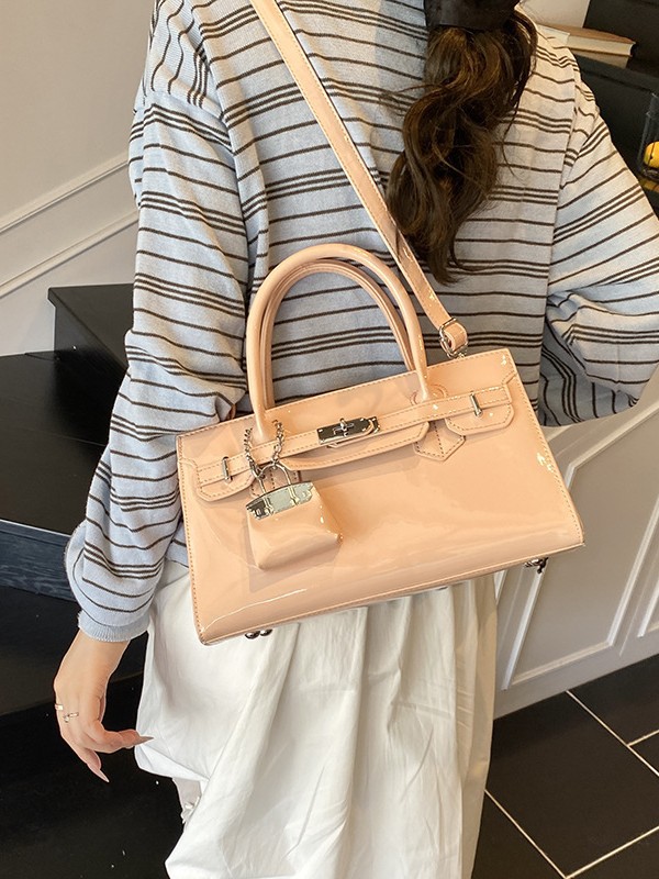2026 Women's Patent Leather Satchel Bag, Classic Top Handle Tote with Metal Lock & Detachable Strap