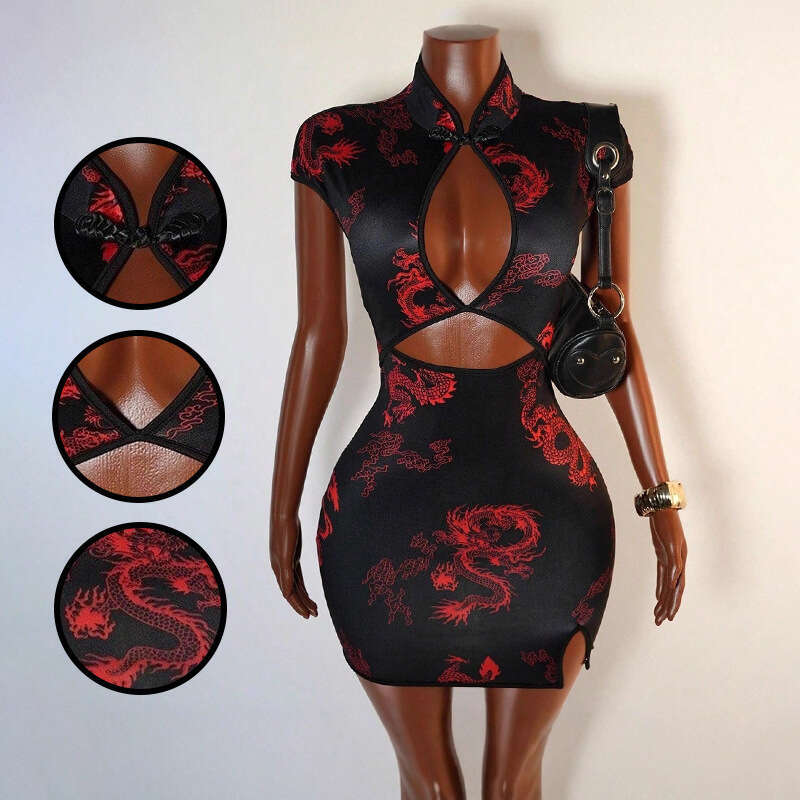 Trendy Street Chinese Style Dragon Print Dresses Women Sexy Hollow Out Package Hip Cheongsam Dress Streetwear Lady Slim Vestidos Short-Sleeve Qipao Dr