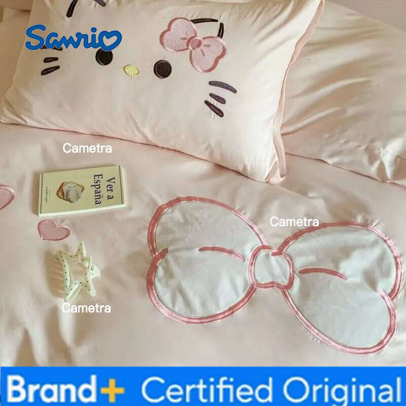 Sanrio Genuine Kitty 4pcs 100%cotton Patch Embroidered Ins Cartoon Quilt Cover Bed Sheet Pillowcase 3pcs Set H260205
