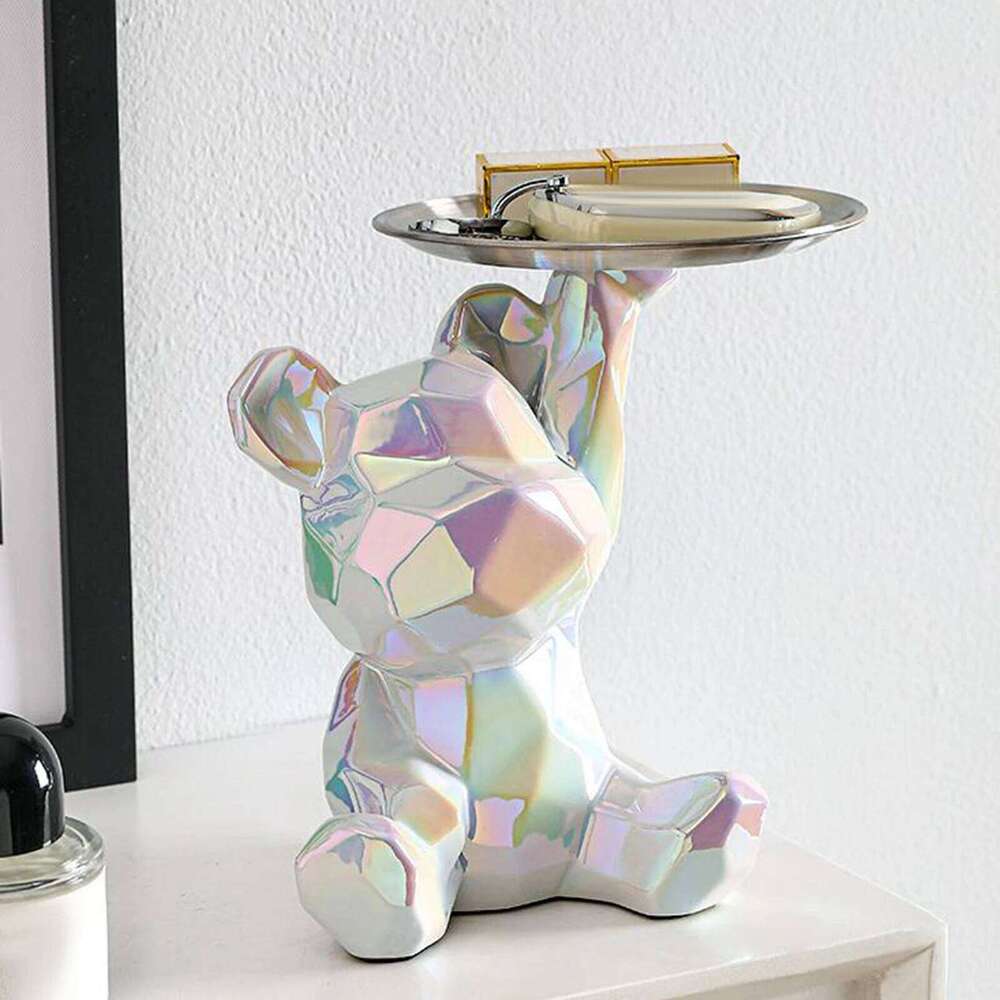 Creative Resin Bear Figurine Cute Statue Home Decoration Desktop Storage Tray Rack for Coins Snack Phone Entrance Office S260204