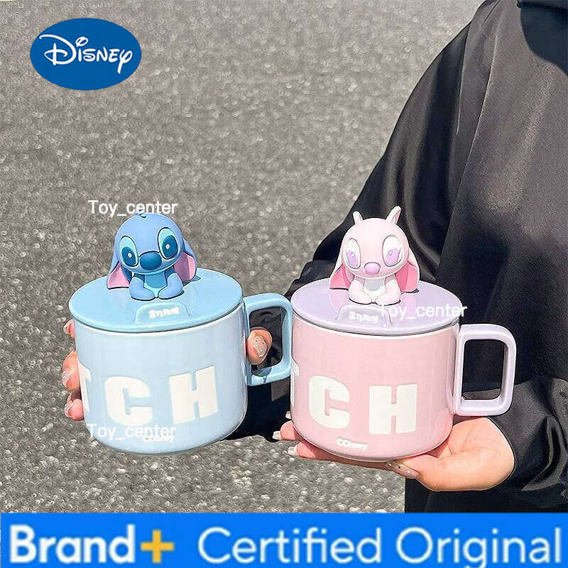 Disney 450Ml Kawaii Lilo & Ceramic Mug with Lid Anime Cartoon Stitch Couple Coffee Office Home Large Capacity Water Cup H260205