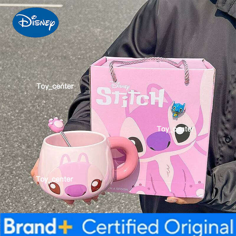 Disney New Cartoon Stitch Ceramic Mug Kawaii Angel with Spoon Coffee Office Water Cup Couple Creative Festival Gift H2602051