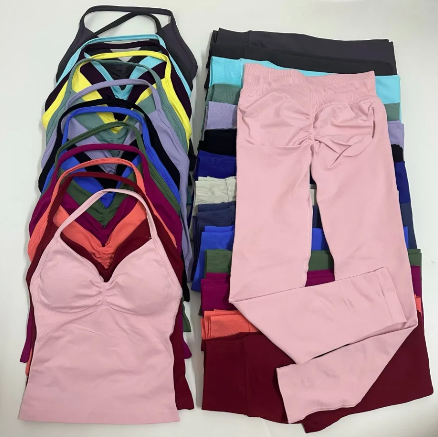 US Stock 2pcs Gym Set Dfynes Women Padded Tank Tops Longline High Waist Scrunch Seamless Yoga Leggings Fitness Clothes Workout Sets Suit Activewear Tracksuit Pants