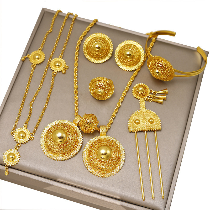 Gold Plated Jewelry Sets For Women Ethiopian Fashion Necklace Earrings Bracelet Ring Jewellery Set Wedding Party Gifs 241105