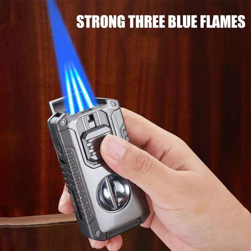 Strong Three Flame Lighter Multi-function V-shaped Cutter Bottom Drill Cigar Thru Needle Visual Gas Window S260207