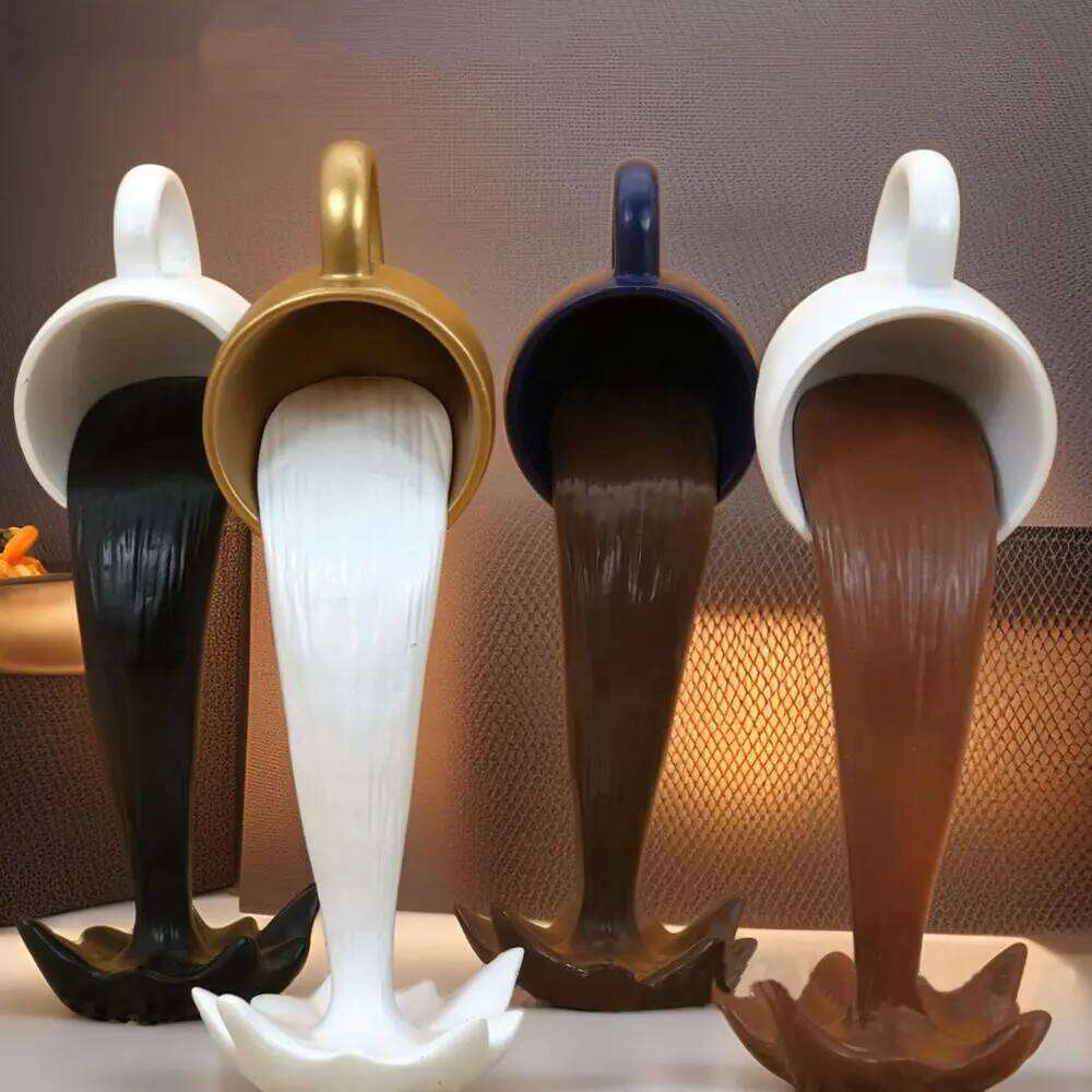 High-end 3d Floating Spilling Resin Craft Decorative Coffee Ornaments Suspended Cup Sculpture Desktop S260204