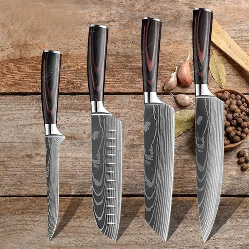 Wooden handle stainless steel kitchen knife set - suitable for cooking, chopping vegetables, fruits, and more. Great for home use. Kitchen utensil. X241102