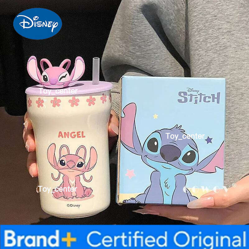 Disney Stitch Angel 2025 New High Aesthetic Ceramic Mug With Lid And Straw Couple Coffee Milk Cup Birthday Gift For Couples H260205