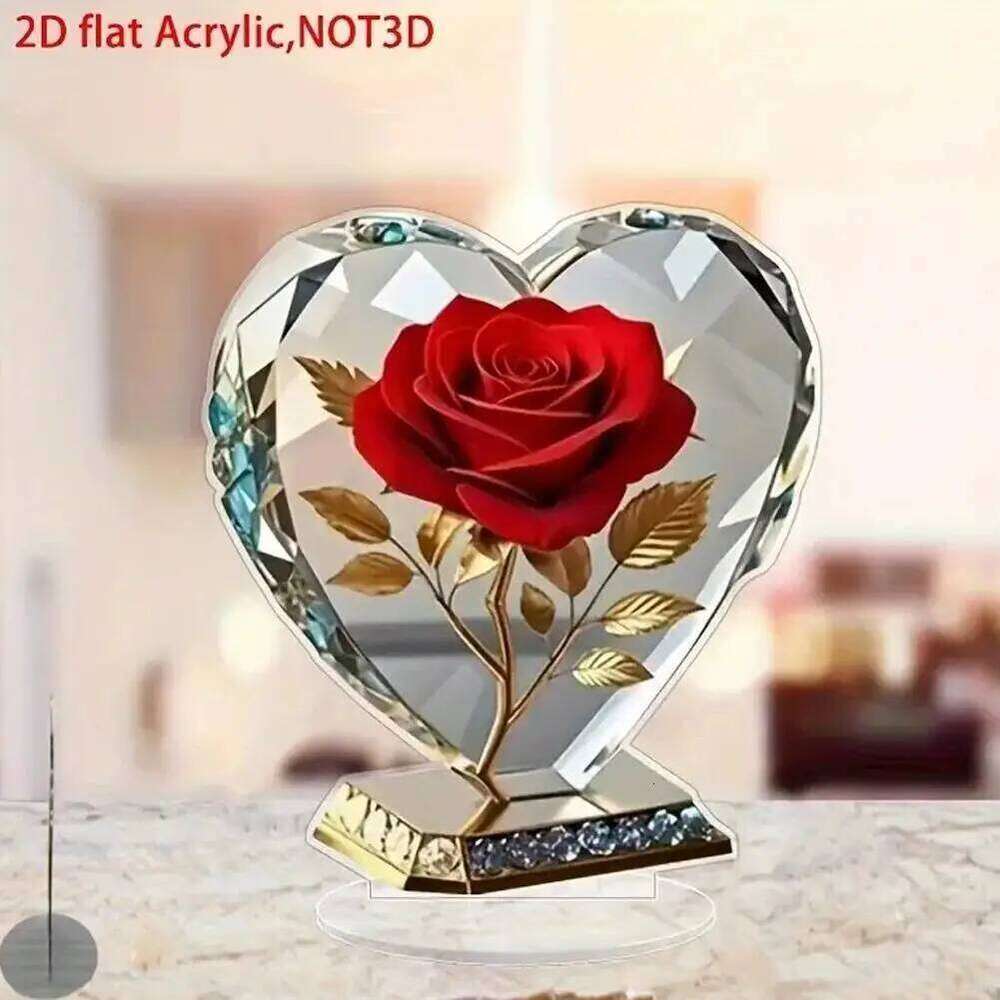 2D Acrylic Bohemian Heart Shaped Sculpture Ornament with Red Roses and Gold accents Elegant Desktop Decora for Home or Office S260204