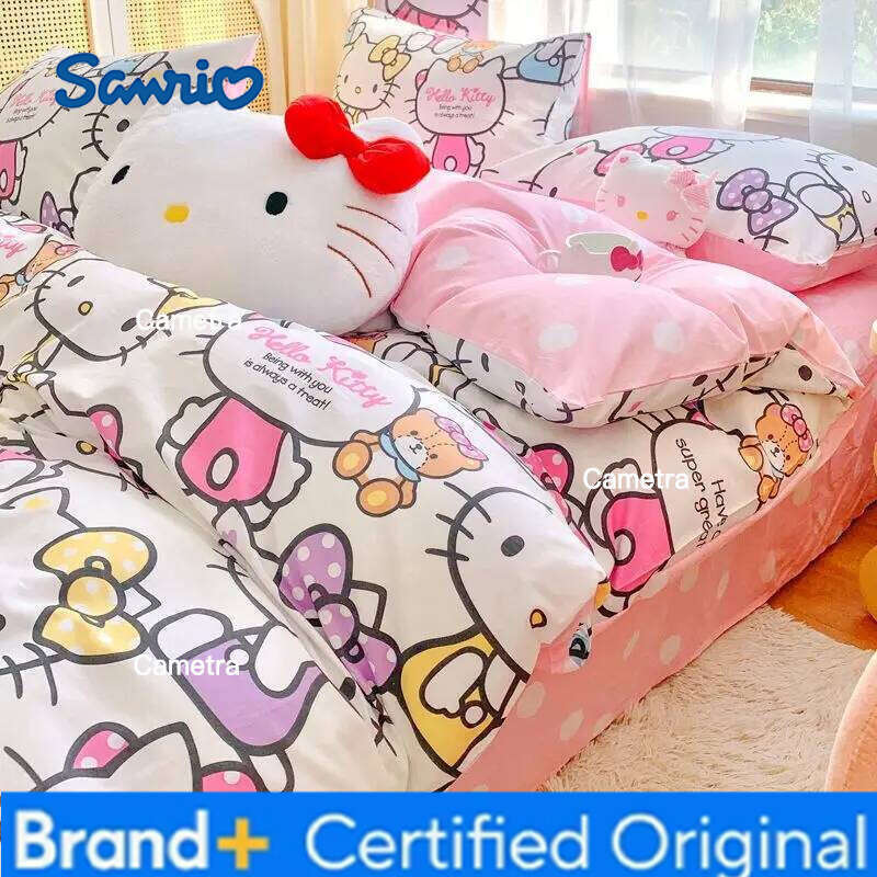 Sanrio Genuine Cartoon Hello Kitty100% Four-piece Cotton Kt Bed Sheet Quilt Cover Pillowcase Three-piece Set H260205111