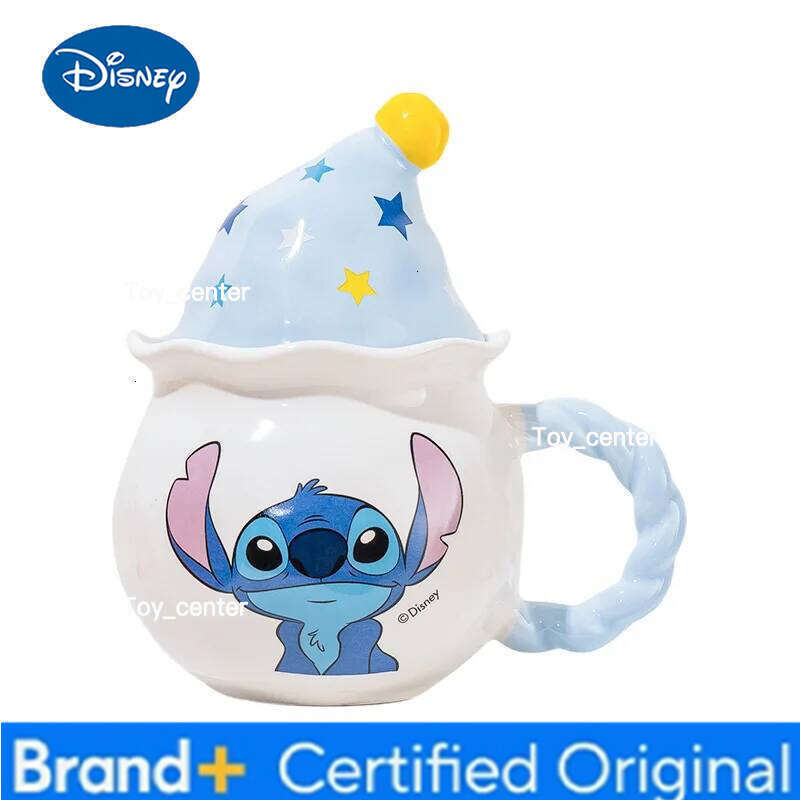 Disney Ceramic Mug Stitch Angel With Polka Dot Magic Hat Lid Cute Cartoon Couple Home Drinking Cup Gift For Birthday Christmas H260205