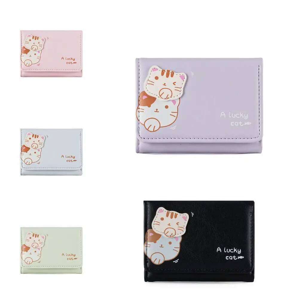 Solid Color Cute Tri-Fold Purses Multi-card Slot Korean Style Cat Short Wallet PU Leather Pocket Women Card Holder Female Z260205