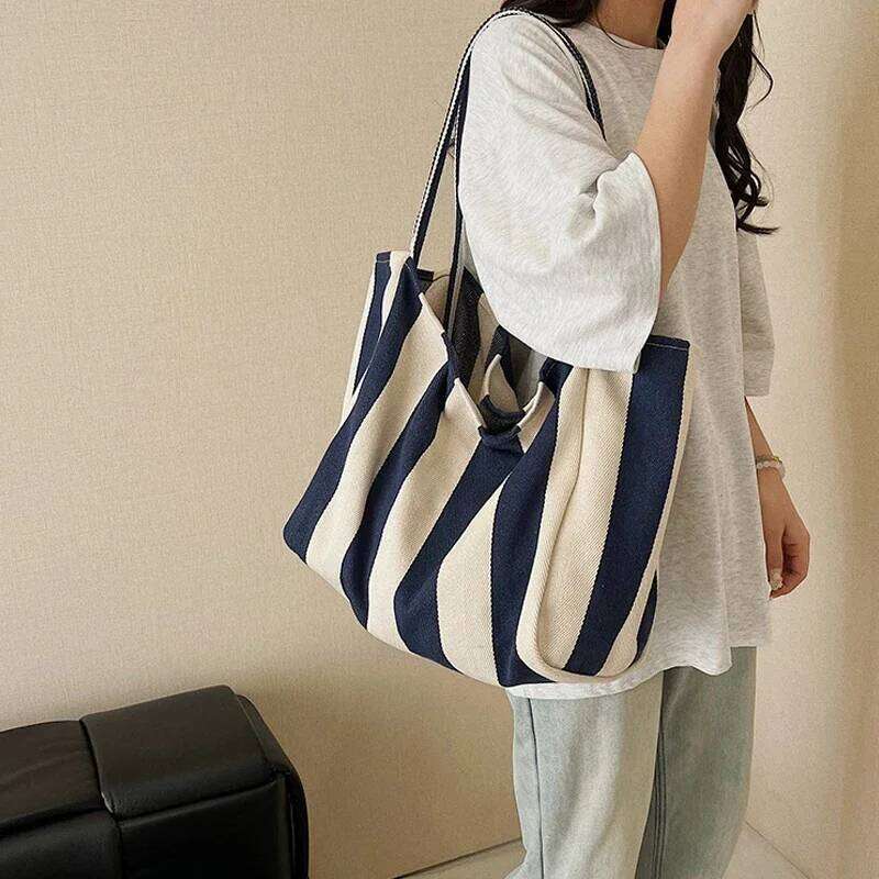 Large Capcity Korean Style Stripe Canvas Tote Female Casual Simple Shoulder Bags Shopping Handbag Daily Totes Bag Y260204