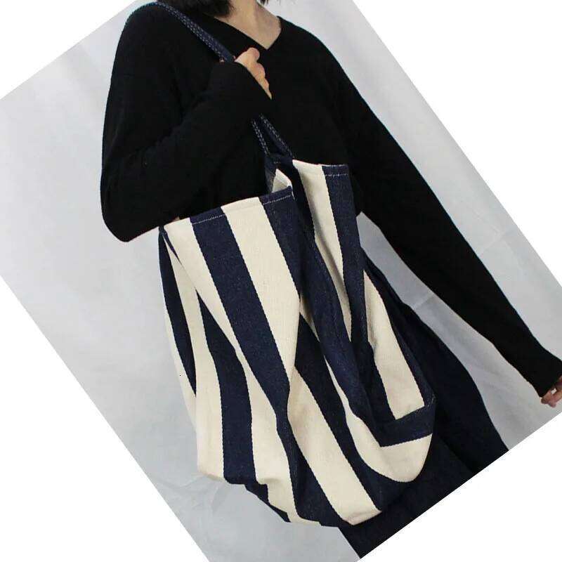 Large Capcity Korean Style Stripe Canvas Tote Female Casual Simple Shoulder Bags Shopping Handbag Daily Totes Bag Y260204
