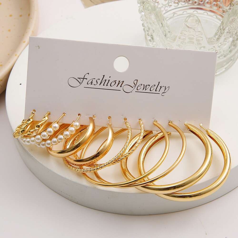 European and American style square geometric earrings retro 6-piece set of women's accessories high-end earrings natural light luxury earrings