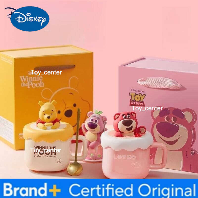 Disney Pooh Bear Lotso Cartoon Anime Couples Mug Cute Ceramic Milk Creative Cup Lid Home Decoration Gift for Girls H260205