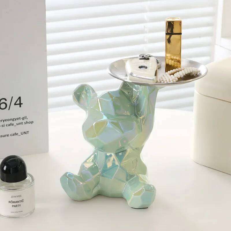 Ceramic Geometric Bear Ornament Coin Bank Home Living Room Desktop Remote Control Key Storage Tray Decorative Statue Gift S260204