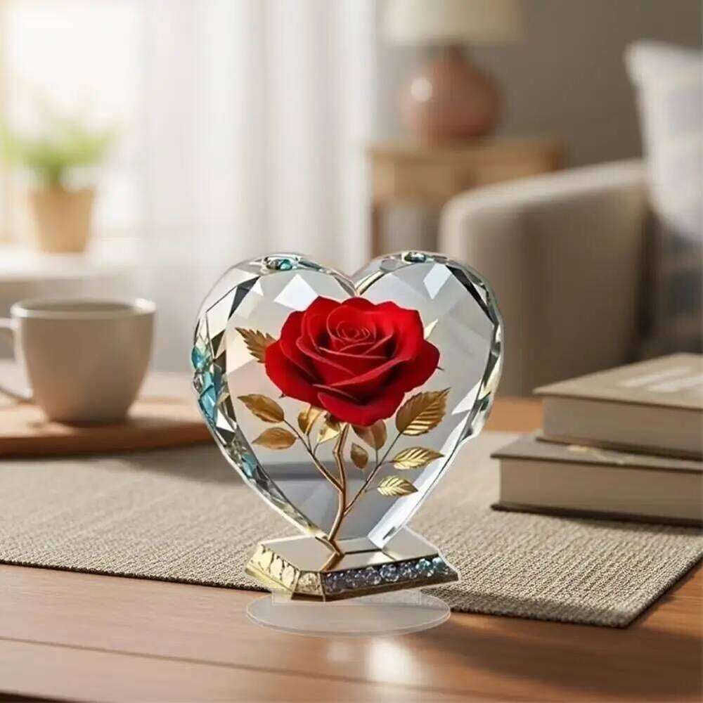 2D Acrylic Bohemian Heart Shaped Sculpture Ornament with Red Roses and Gold accents Elegant Desktop Decora for Home or Office S260204