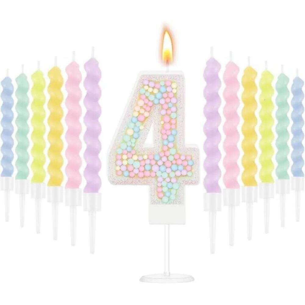 Birthday Macaron Pastel Glitter 3D Number Candle with 12 Pcs Rainbow Spiral Candles in Holders for Girl Boy Cake S260204