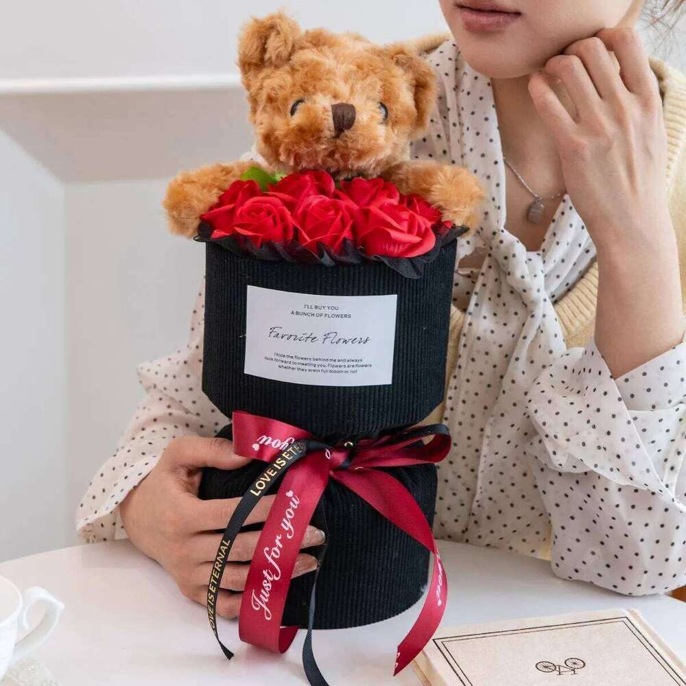 Valentine's Day Gift Her Rose Bouquet with Cute Bear Artificial Flower Home Decor for Living Room Bedroom Wedding Decoration S260204