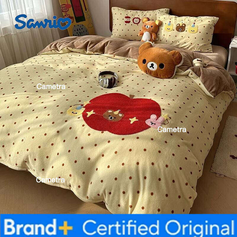Sanrio Kawaii Bear Embroidered Winter Bedding Thickened Warm Milk Velvet Duvet Set with Sheets Soft Flannel Quilt Cover Kit H260205