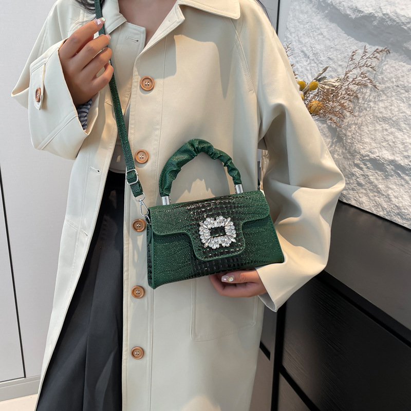 free shipping Elegant Fuchsia Crocodile Texture Handbag, Sparkly Crystal Buckle Ruched Top Handle Convertible Shoulder Bag 2026 hots