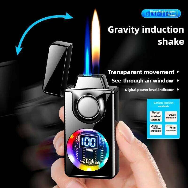 2025 New Voice Controlled Ignition Gas Lighter Color Light Battery Display Open Switching Jet Fire USB Electric Lighters S260207