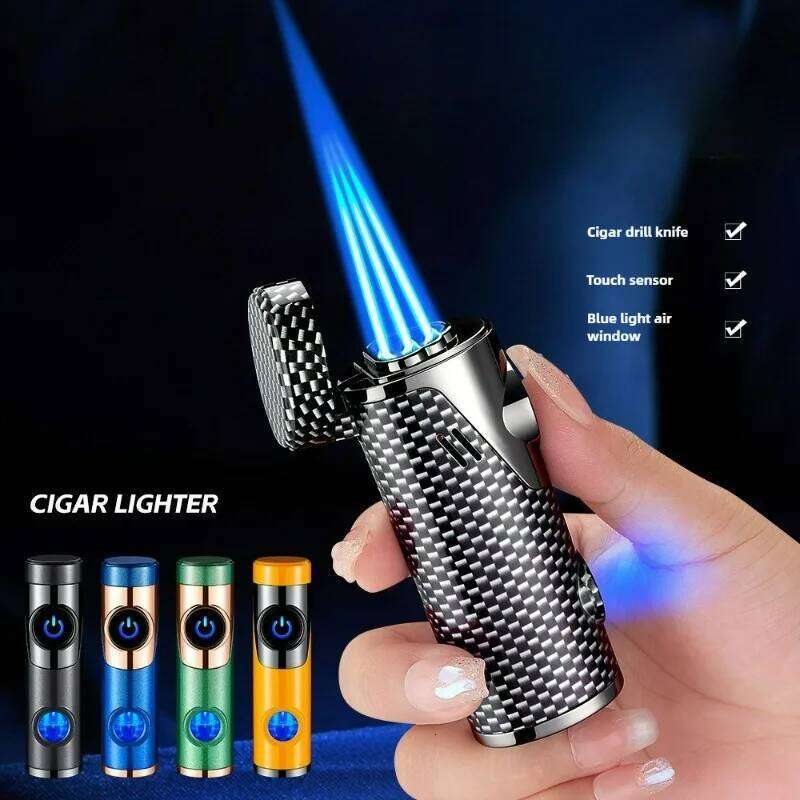 Three Jet Windproof Flame Butane Torch Lighter Visible Gas Blue Light Window Outdoor Portable Cigar Electric Lighters S260207