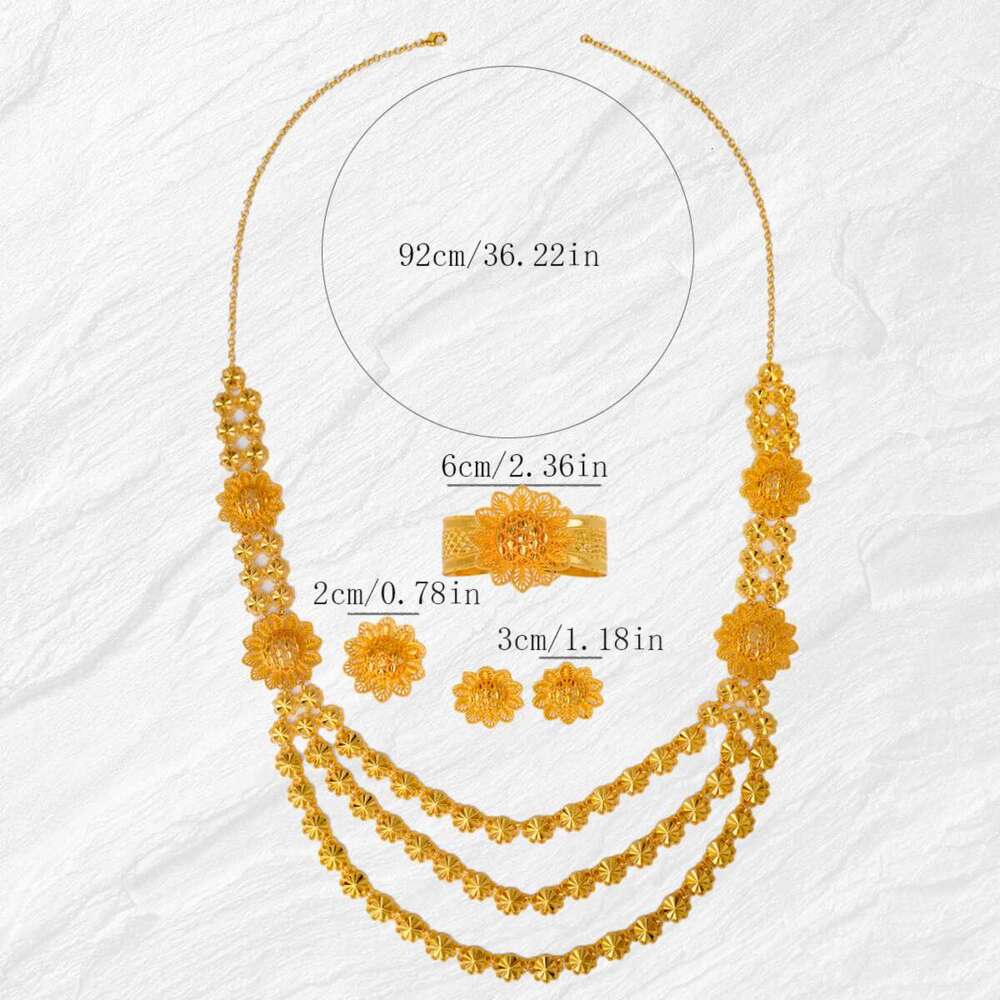 Dubai Bride 24k Gold Plated Necklace Bracelet Earrings Ring Jewelry African Women's Accessories Four-Piece Set