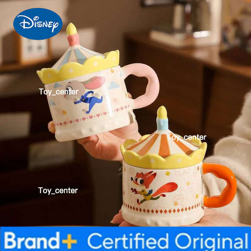 Disney Zootopia Judy Nick Couple Ceramic Mug With Carousel Lid And Spoon Cartoon Coffee Tea Cup Birthday Gift For Girls Couples H260205