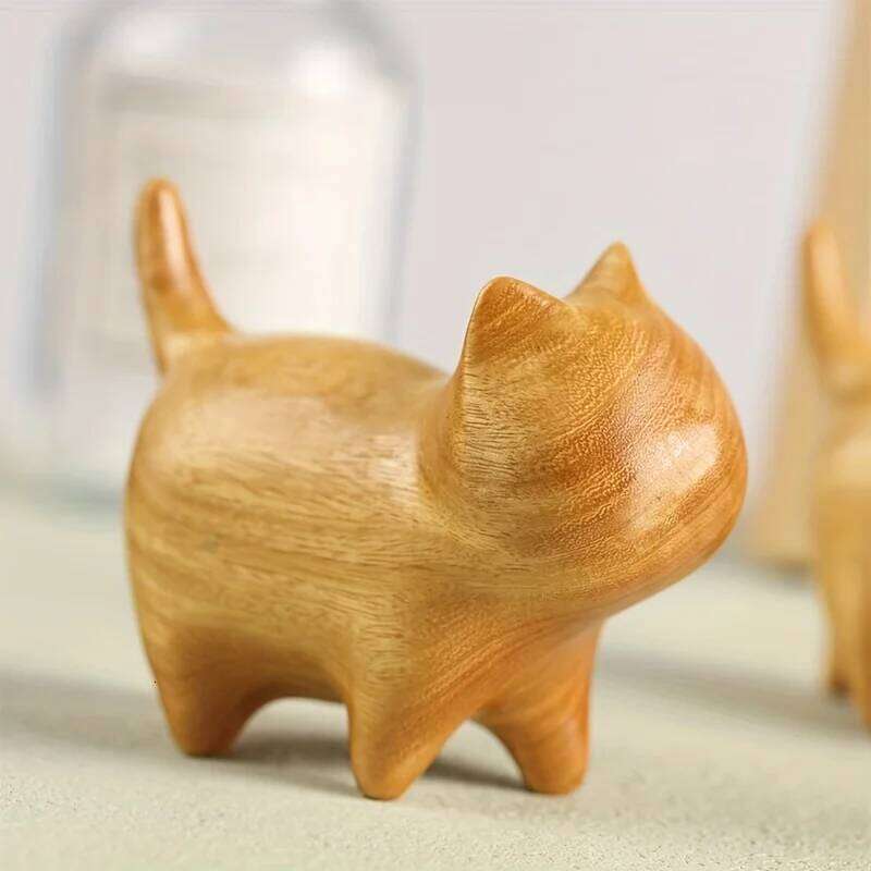 1Pc Handmade Wooden Kitten Figurine: a Unique Natural Texture Decorative Gift for Friends S260204