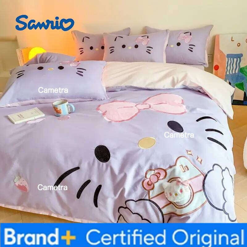 Sanrio Genuine Kitty 4pcs 100%cotton Patch Embroidered Ins Cartoon Quilt Cover Bed Sheet Pillowcase 3pcs Set H260205