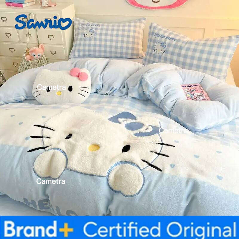 Sanrio Hello Kitty My melody Cinnamoroll Kuromi Four-piece Creative High-value Anime Cartoon Printed Home Coral Fleece Bedding H260205