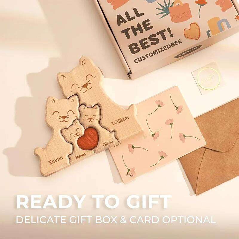Wooden Cat Art Puzzle Warm Family Handmade Laser Engraving Gifts for Mom Anniversary Thanksgiving Christmas Crafts Ornaments S260204