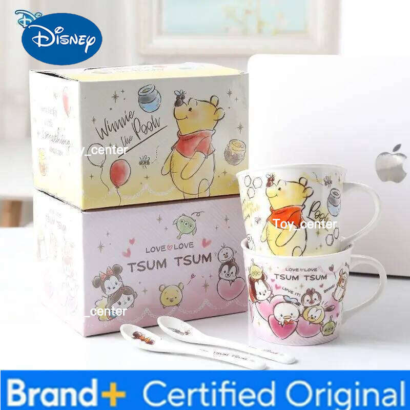 Disney Winnie the Pooh Stitch Ceramic with Spoon Cute Cartoon Home Coffee Mug Color Box Giving Gift H260205