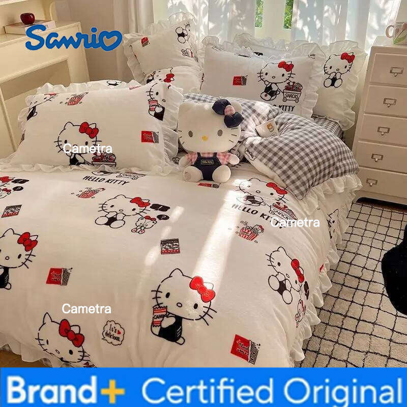 Sanrio Hello Kitty Kuromi cartoon cute warm plus velvet lace four-piece set creative student children's bed sheet quilt cover H260205