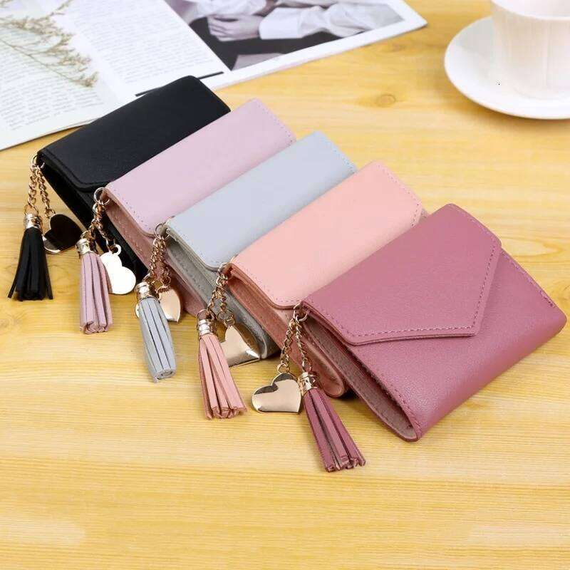 Women's 2024 New Short Style Tassel Pendant Litchi Pattern Money Clip Card Bag, Cute Zero Wallet in Hand Z260205