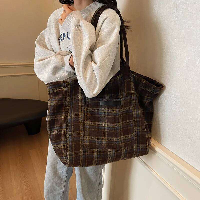 Woolen Plaid Big Women's 2025 New Korean Version Tote College Style Casual Large-capacity Shoulder Bag Y260204