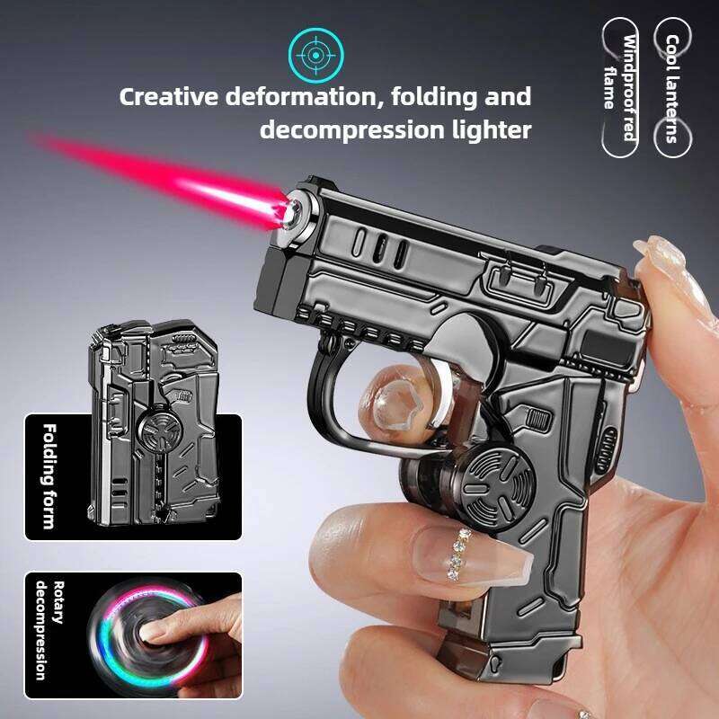 New Transformable Butane Lighter, Windproof Red Flame with RGB Lighting & Pistol/Gyro Design, Stress Relief Foldable Torch S260207