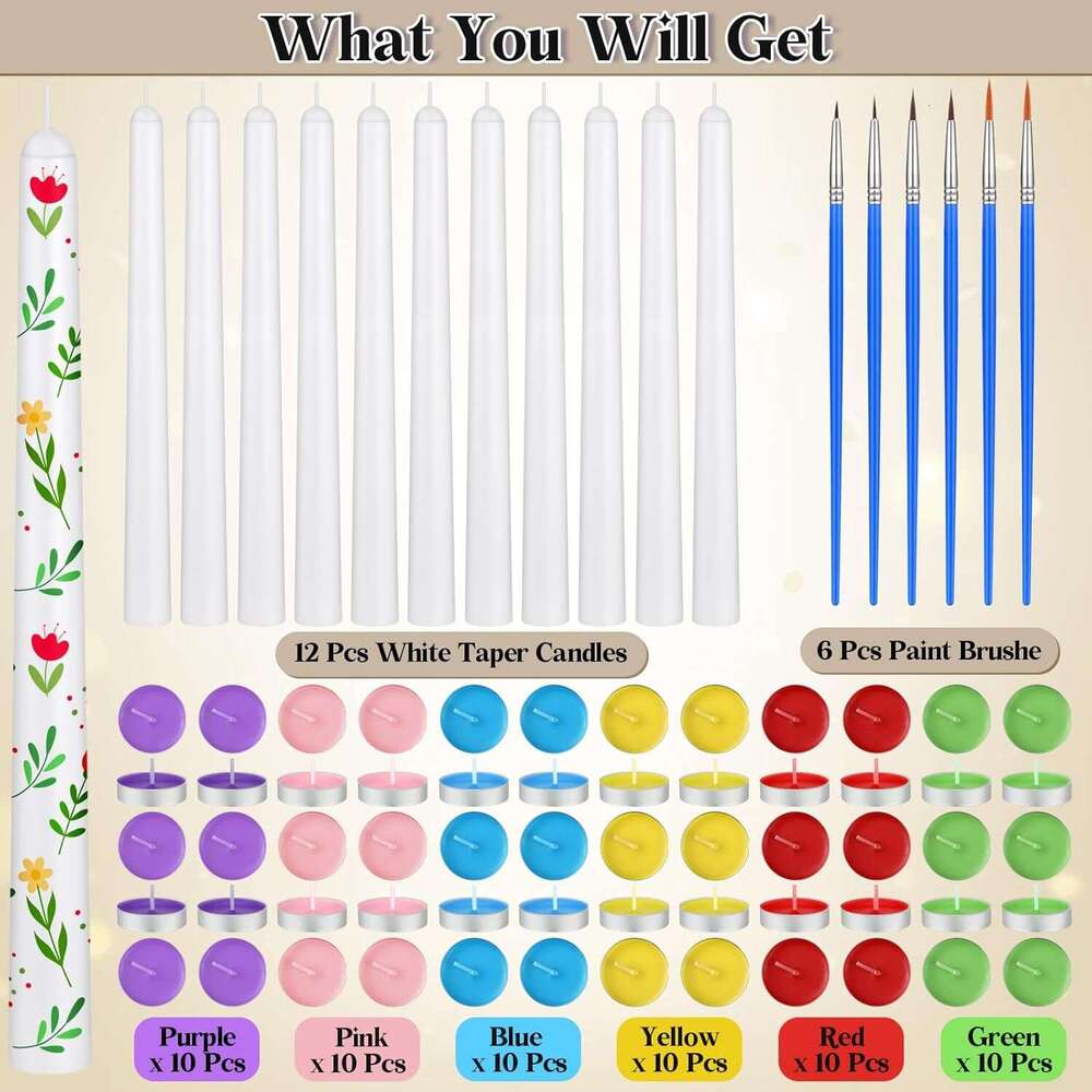 MTLEE 78 Pcs DIY Candle Painting Kit Include 12 White Taper 60 Colored Tealight Candles 6 Paint Brushes for Crafts Birthday Wedding Party FavorsMulti 