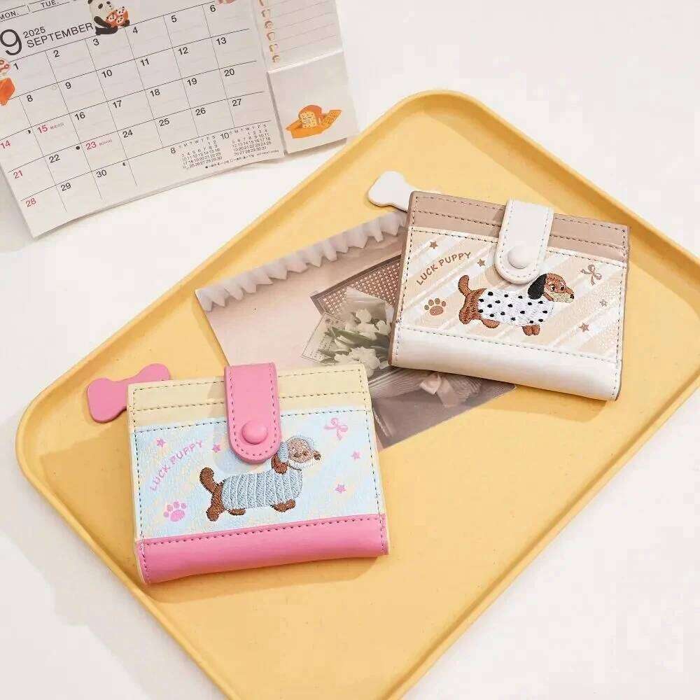Korean Style Dachshund Embroidery Short Wallet Dopamine Color Cartoon Dog Coin Purse PU Zipper Small Item Bag Women Girl Z260205