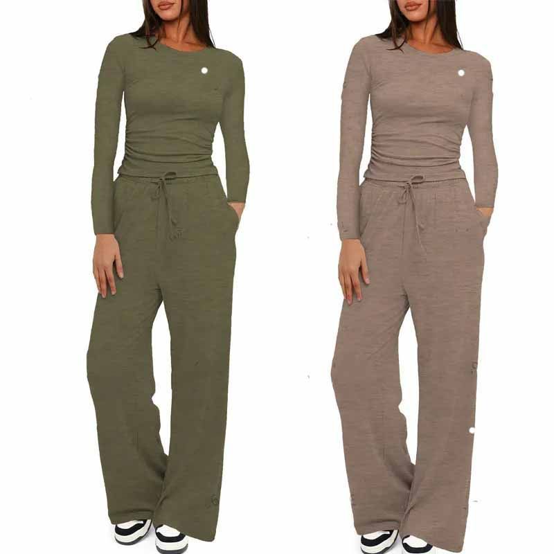 Designer Solid Yoga set workout clothes women plus size short sleeved top high waist wide leg pants long sleeved sportswear drawstring loose dance studio active wear