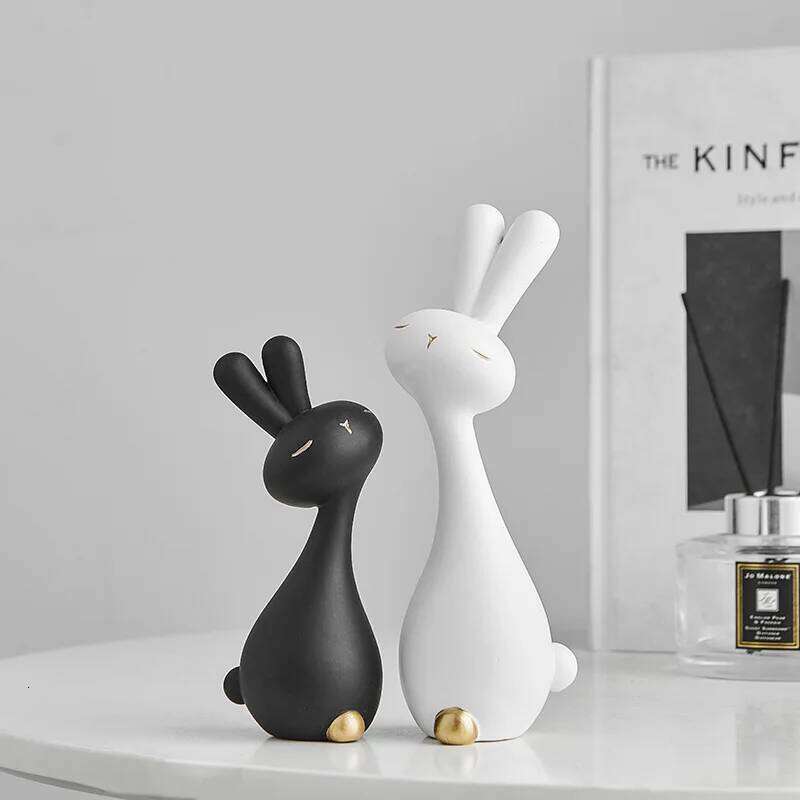 Black and white rabbit desktop small ornament resin handicrafts office , living room creative soft decoration S260204