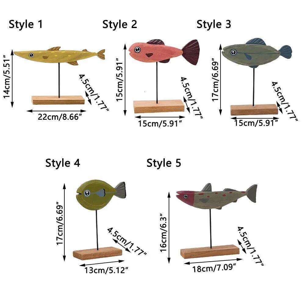 Exquisite Wooden Fish Statue Cartoon Fishes Colorfast Table Sculpture Stand for Living Room Office Home Decoration S260204