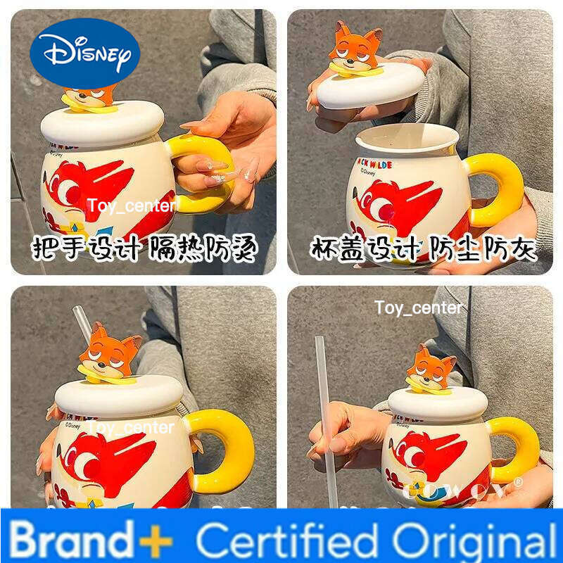Disney Zootopia Large Capacity Water Cups Couple Cartoon Ceramic Breakfast Milk Mugs with Lid and Straw Creative Office Coffee Cup H260205