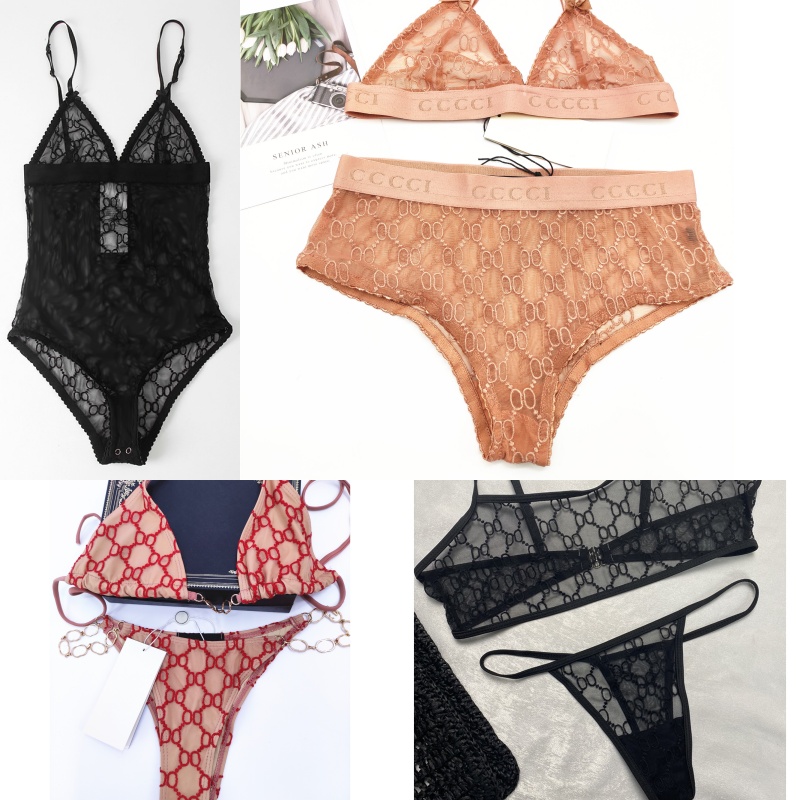 Sexy Triangle Bikinis designer underwear women tulle lingerie bodysuit Embroidered Chain Halter Split Swimsuits Lace Underwear Letters Embroidered Bathing Suit