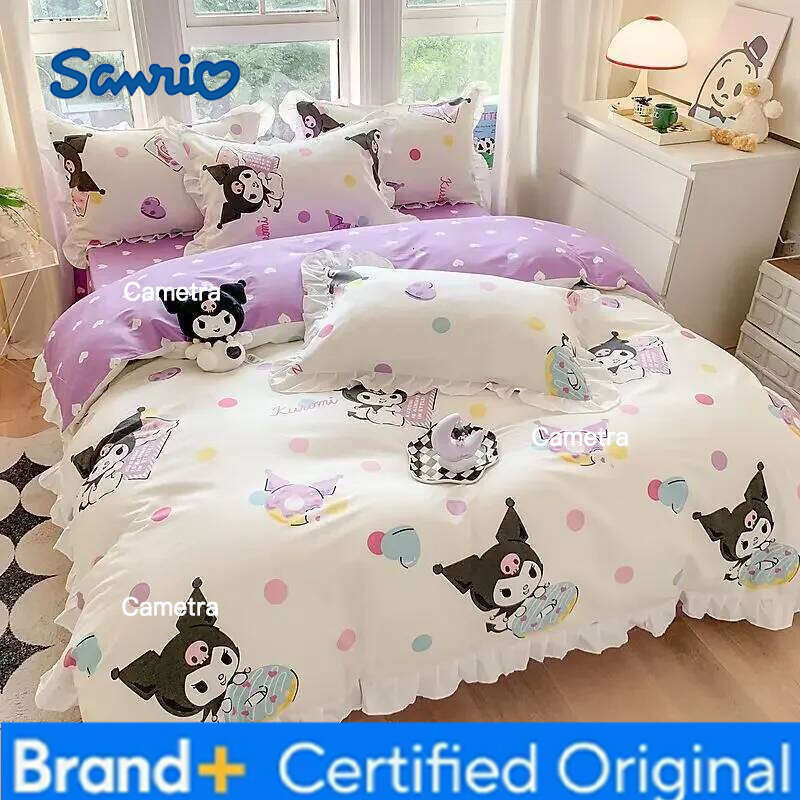 Sanrio Kuromi Cinnamoroll My melody Korean version sweet cartoon lace style pure cotton bed sheet quilt cover three-piece set H260205